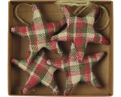 Závesná dekorácia hviezda KOSTIČKY, textil Štyri kockované hviezdy ako ozdoba na stromček v krabici