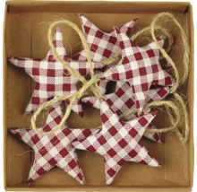Dekoračné hviezdy s červeno-bielym kockovaným vzorom a šnúrkou v kartónovej krabici