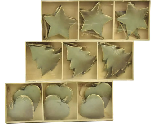 Zelená vianočná ozdoba rôzne druhy SRDCE/STROM/HVIEZDA Drevené dekoratívne prívesky v tvare hviezdy, stromčeka a srdca v sade