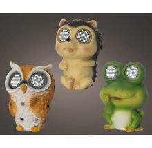 Dekoratívne solárne lampy v tvare sovy, ježka a žaby pre vonkajšie použitie.