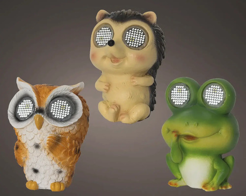 Dekoratívne solárne lampy v tvare sovy, ježka a žaby pre vonkajšie použitie.