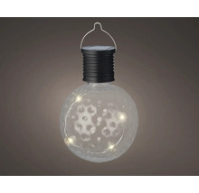 Solárna lampa s guľatou, čírou sklenenou guľou a rukoväťou na zavesenie