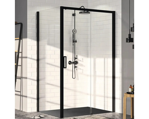 Bočná stena pre sprchové dvere Hüppe Classics 2 EasyEntry 90 cm farba rámu čierna dekor skla číre sklo HUPPE C25404.123.322 Sprchovací kút s čiernym rámom a sprchovacím systémom pred bielou obkladanou stenou