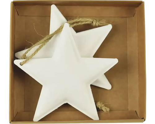 Dve biele hviezdy s jutovým povrázkom v kartónovej krabici ako vianočná dekorácia