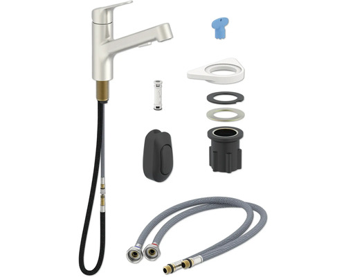 Kuchynská batéria s montážnym príslušenstvom a flexibilnými pripojovacími hadicami