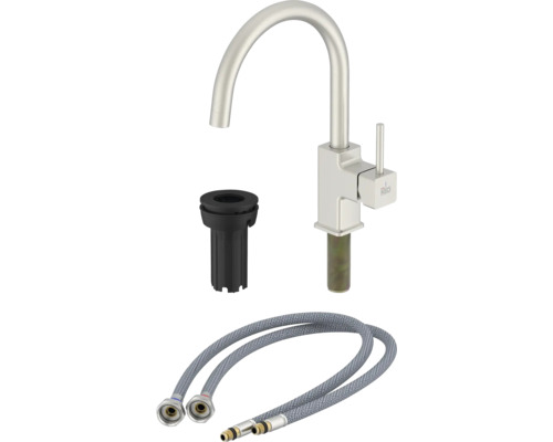 Kuchynská batéria s montážnym príslušenstvom a flexibilnými pripojovacími hadicami