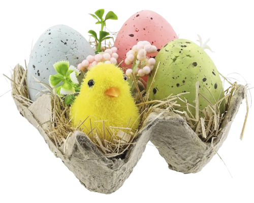 Veľkonočná dekorácia s kuriatkom, vajcami, rastlinami a hniezdom