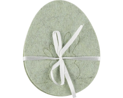 Veľkonočná podložka vajíčko filc 12 x 15 cm svetlo zelená Podložky z plsti v tvare vajca s motívom zajačika a stuhou