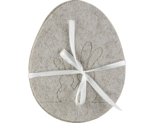 Veľkonočná podložka vajíčko filc 12 x 15 cm šedá 3 ks Dekoratívne plstené vajcia s motívom zajačika a stuhou
