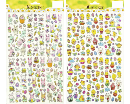 Hárok nálepiek s veľkonočnými motívmi, vrátane zajačikov a kuriatok