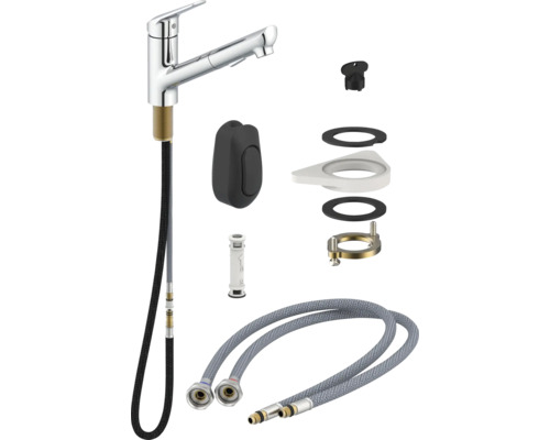 Kuchynská batéria s príslušenstvom a pripojovacími hadicami.