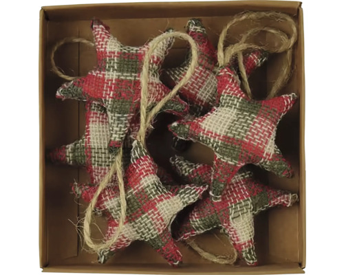 Kartón s niekoľkými ozdobnými hviezdami s károvaným vzorom a šnúrkou na zavesenie