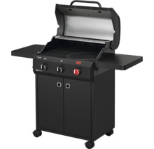 Čierny plynový gril s dvoma bočnými stolíkmi a spodnou skrinkou
