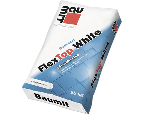 Biele flexibilné cementové lepidlo Baumit Baumacol FlexTop White C2TE S1 25 kg Baumit FlexTop White lepidlo na obklady, 25 kg balenie