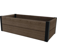 Obdĺžnikový kvetináč s dreveným vzhľadom a čiernymi rohovými spojmi
