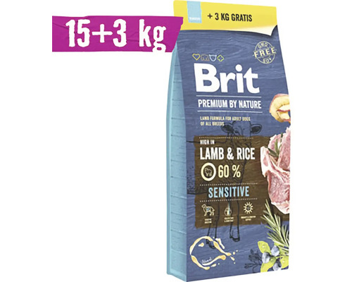 Granule pre psov 15+3 kg Brit Premium by Nature Sensitive Brit Premium jahňacie s ryžou krmivo pre psy, balenie 15 plus 3 kilogramy