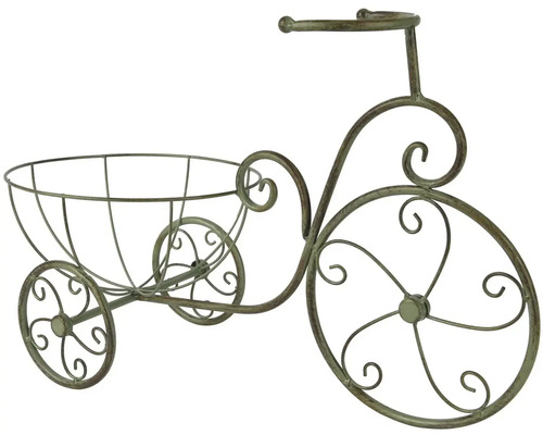 Dekoratívny stojan na rastliny v tvare bicykla s košíkom.