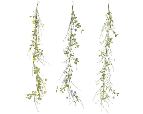 Tri girlandy s listami a kvetmi v žltej, fialovej a bielej farbe