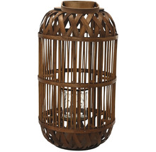 Dekoratívna drevená lampa so sklenenou vložkou na sviečky