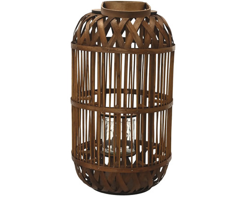 Dekoratívna drevená lampa so sklenenou vložkou na sviečky