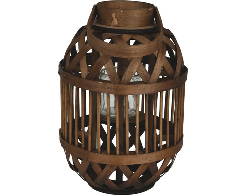 Dekoratívna drevená lampa so sklenenou vložkou na čajové sviečky