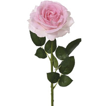 Jedna ružová umelá ruža so stonkou a listami.