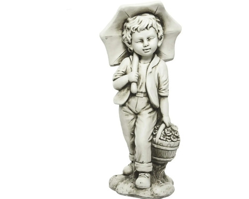 Dekoratívna záhradná figúrka chlapca s dáždnikom a košíkom kvetov