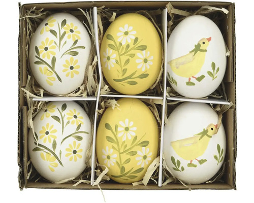 Šesť dekoratívnych veľkonočných vajíčok s kvetinovými a kuracími motívmi v krabici
