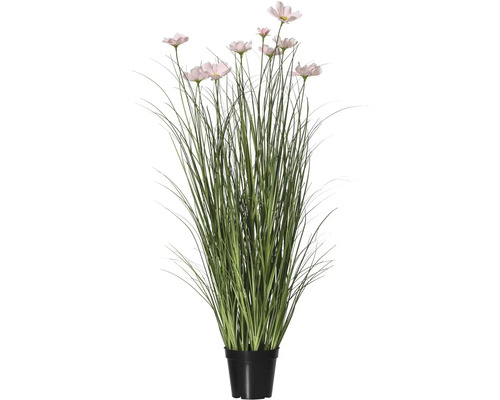 Umelá rastlina s ružovými kvetmi a trávou v čiernom kvetináči