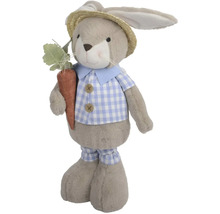 Dekoratívna látková bábika v tvare zajaca s klobúkom a mrkvou