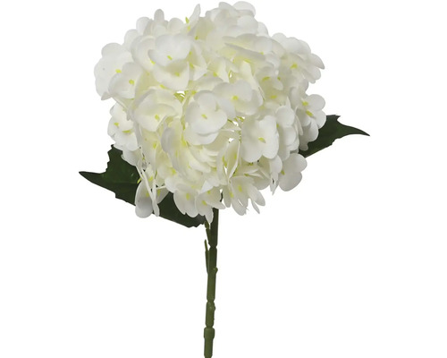 Umelá biela hortenzia so stonkou a zelenými listami.