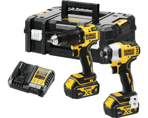 Sada akumulátorového vŕtacieho skrutkovača DeWalt, rázového uťahovača, nabíjačky a kufríka na náradie