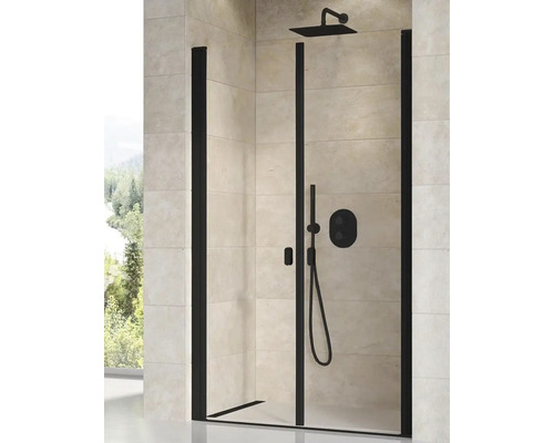 Sprchovací kút s čiernym rámom, sprchovou hlavicou a armatúrami