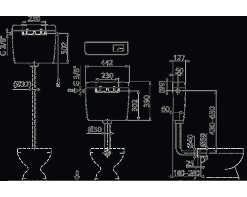 Technický nákres splachovacej nádrže s rozmermi.