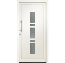 Biele vchodové dvere so sklenenou vložkou a nerezovou kľučkou