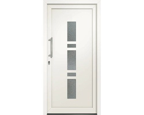 Biele vchodové dvere so sklenenou vložkou a nerezovou kľučkou