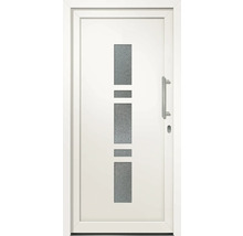 Biele vchodové dvere so sklenenou vložkou a nerezovou kľučkou