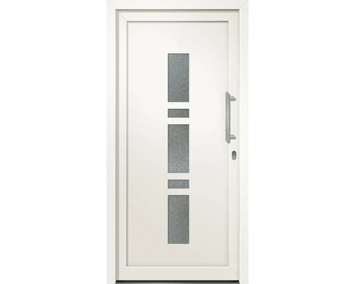 Biele vchodové dvere so sklenenou vložkou a nerezovou kľučkou