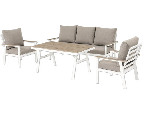 Záhradný nábytok so stolom, pohovkou a dvoma stoličkami