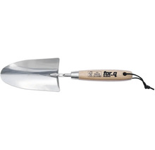 Sádzacia lopatka z nehrdzavejúcej ocele s drevenou rukoväťou a logom for_q