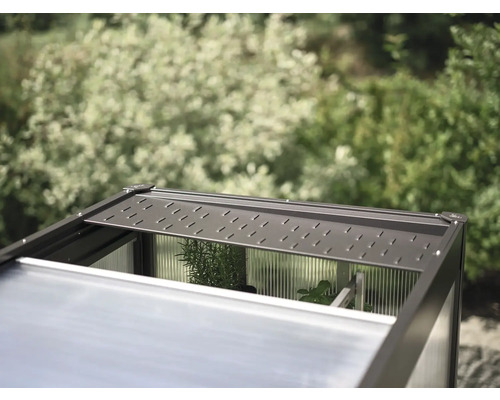 Detailný pohľad na skleník s otvoreným strešným oknom na vetranie.