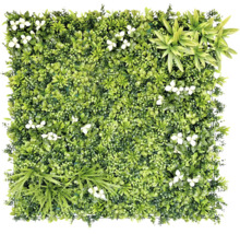 Štvorcový dekoratívny prvok s umelými zelenými rastlinami a bielymi kvetmi na dekoráciu stien