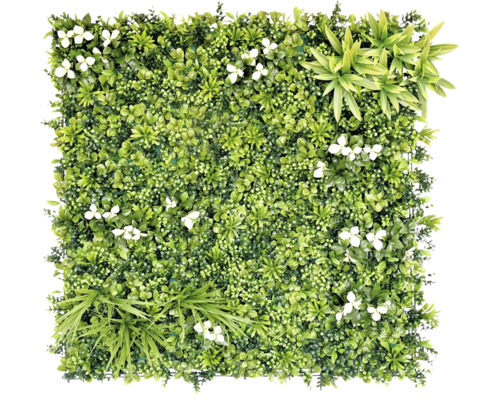 Štvorcový dekoratívny prvok s umelými zelenými rastlinami a bielymi kvetmi na dekoráciu stien