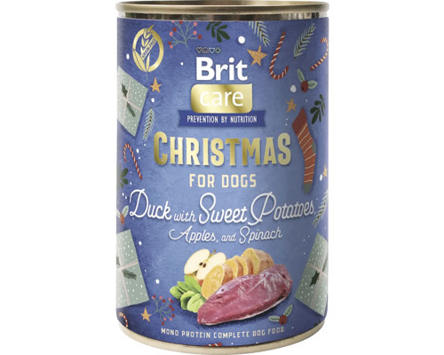 Vianočné krmivo pre psov Brit Care s kačicou, sladkými zemiakmi, jablkami a špenátom, bez obilnín.