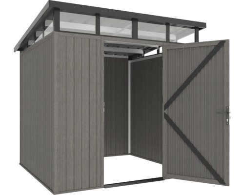 Záhradný domček s otvorenými dverami na záhradné náradie a nástroje