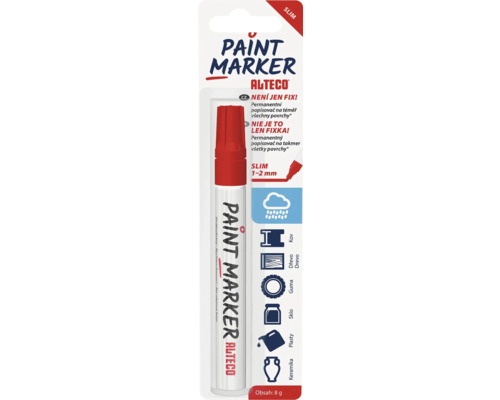 Alteco Paint Marker, Slim, s červenou farbou a rôznymi symbolmi materiálov na obale