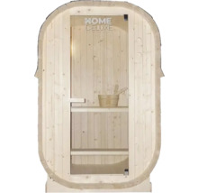 Sauna z dreva so sklenenými dverami a logom Home Deluxe