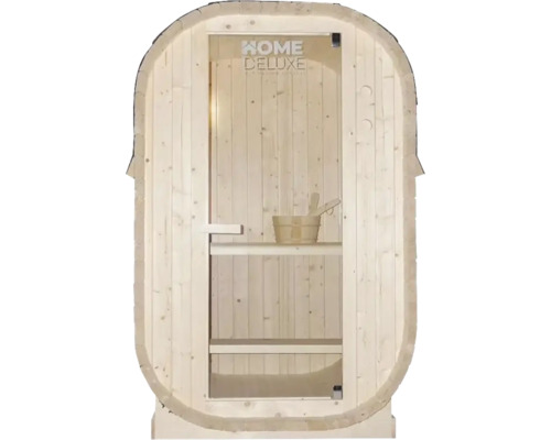 Sauna z dreva so sklenenými dverami a logom Home Deluxe
