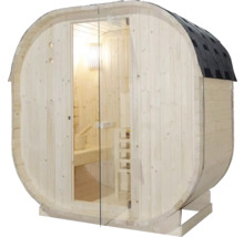 Sudová sauna so sklenenými dverami a šindľovou strechou