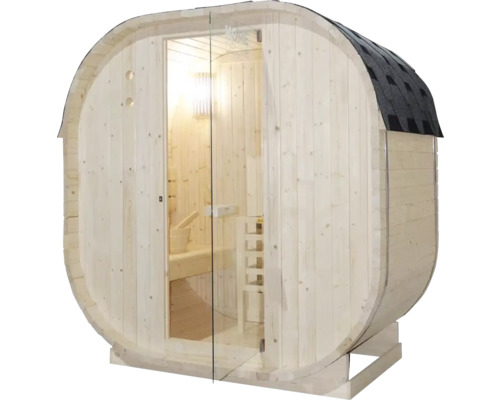 Sudová sauna so sklenenými dverami a šindľovou strechou